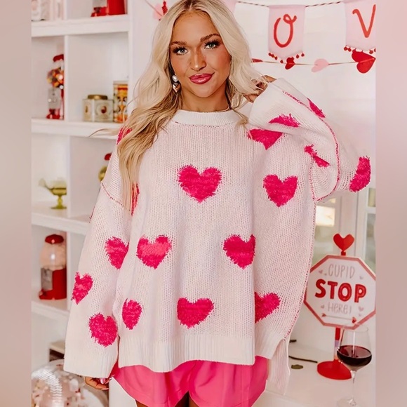 Sweaters - Heart Patterned Pink and White Sweater